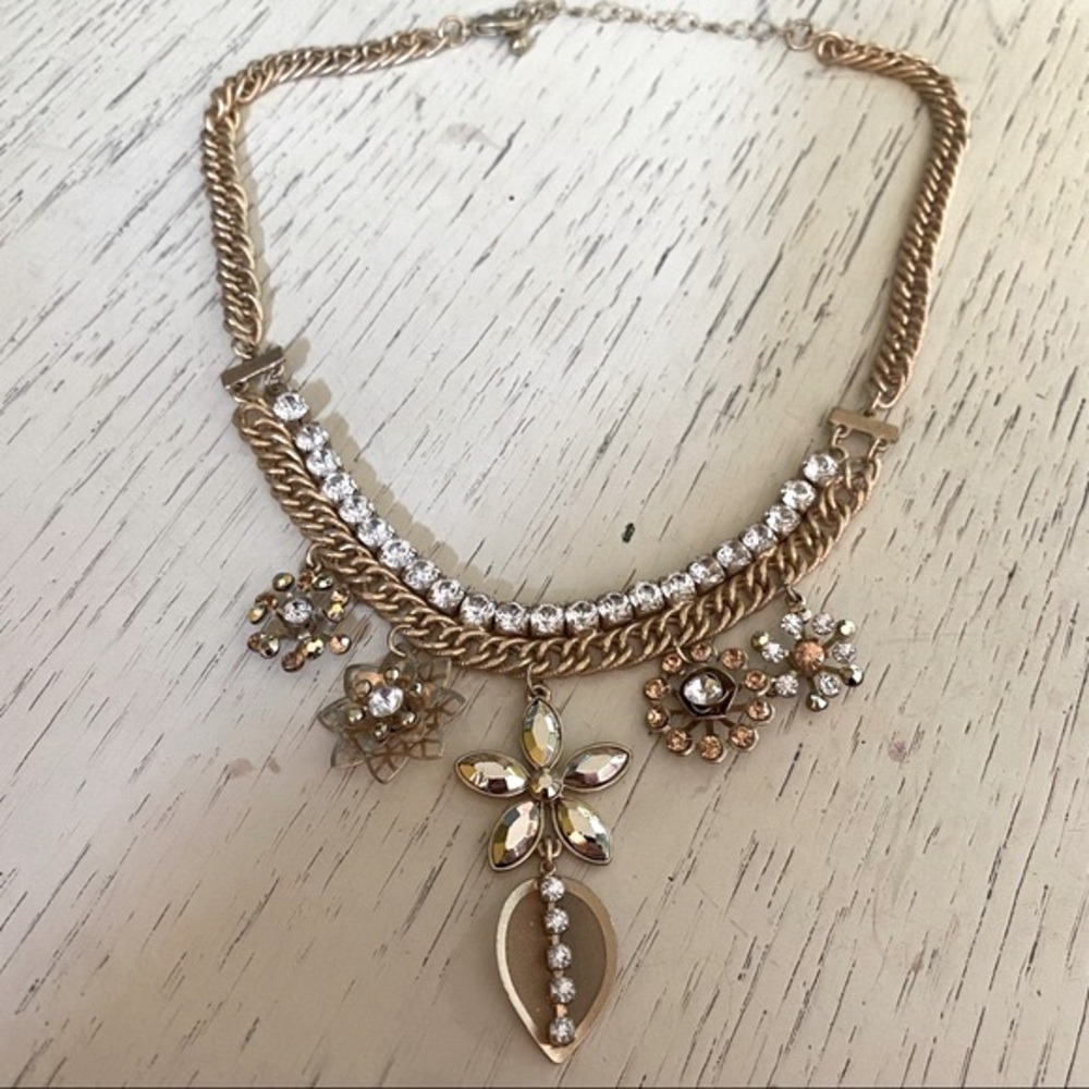 Gold Tone Necklace with Rhinestones and Flower Charms